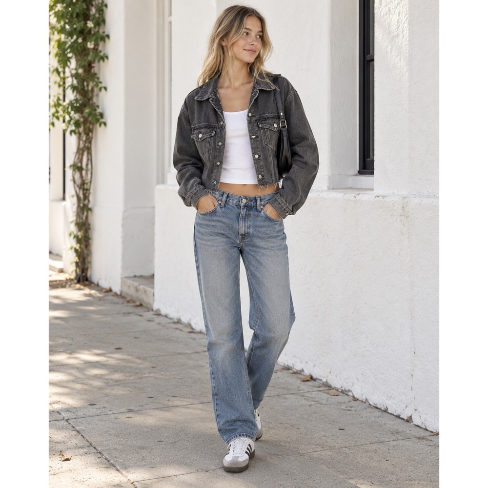 John Galt Brandy Melville Gray Cropped Denim Jacket Raw Hem Trucker One Size M